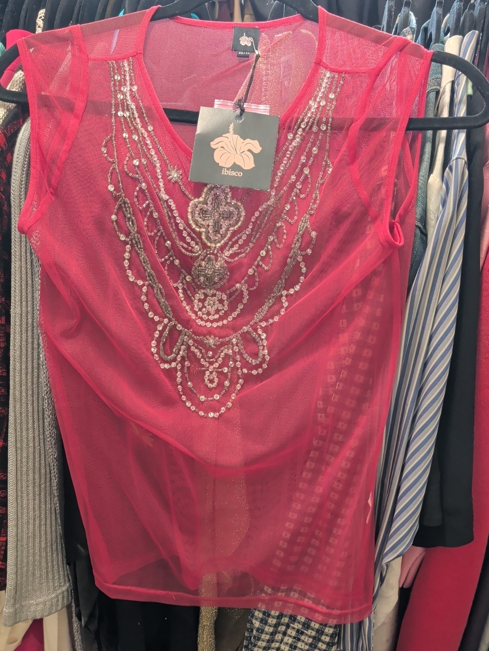 Hot Pink Beaded Mesh Camisole
